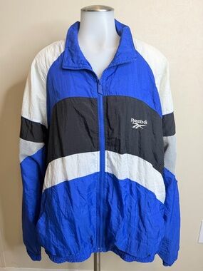 Vintage 90’s Reebok Men’s Royal Blue, Black & White Windbreaker Jacket